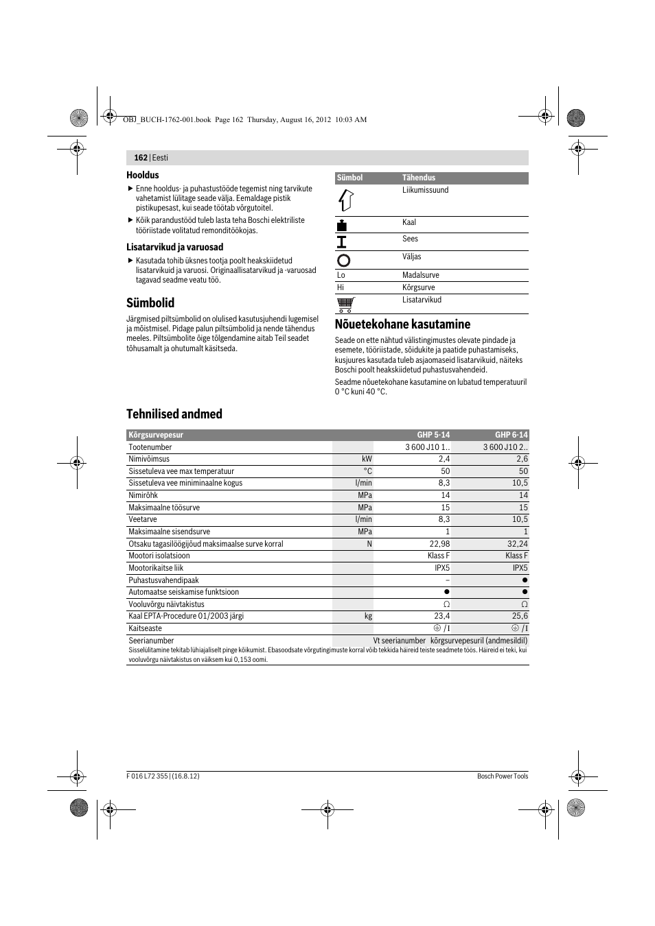 Sümbolid, Nõuetekohane kasutamine, Tehnilised andmed | Bosch GHP 5-14 User Manual | Page 162 / 198