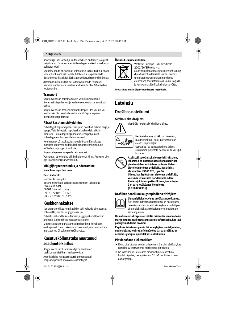 Latviešu, Keskkonnakaitse, Kasutuskõlbmatuks muutunud seadmete käitlus | Bosch GHP 5-14 User Manual | Page 166 / 198