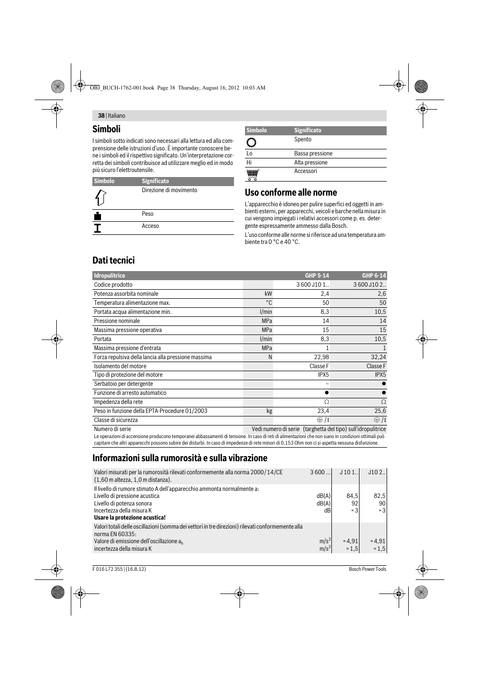 Simboli, Uso conforme alle norme | Bosch GHP 5-14 User Manual | Page 38 / 198