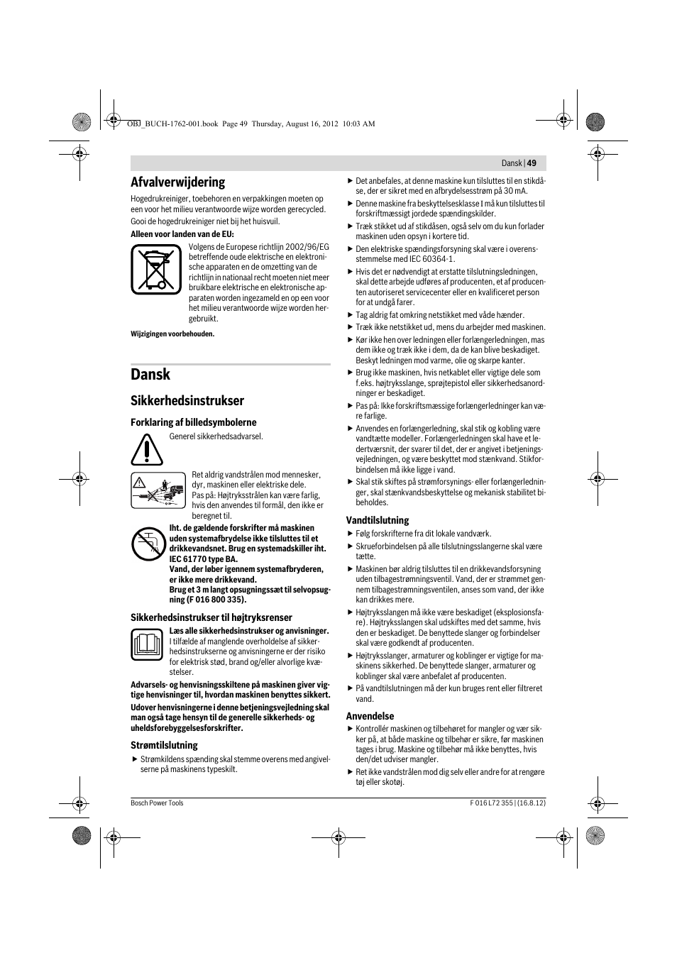 Dansk, Afvalverwijdering, Sikkerhedsinstrukser | Bosch GHP 5-14 User Manual | Page 49 / 198