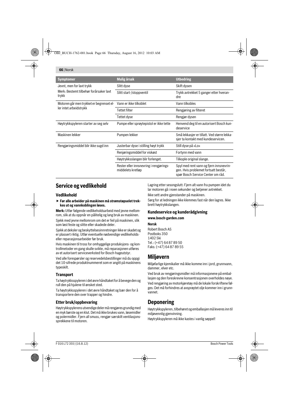 Service og vedlikehold, Miljøvern, Deponering | Bosch GHP 5-14 User Manual | Page 66 / 198