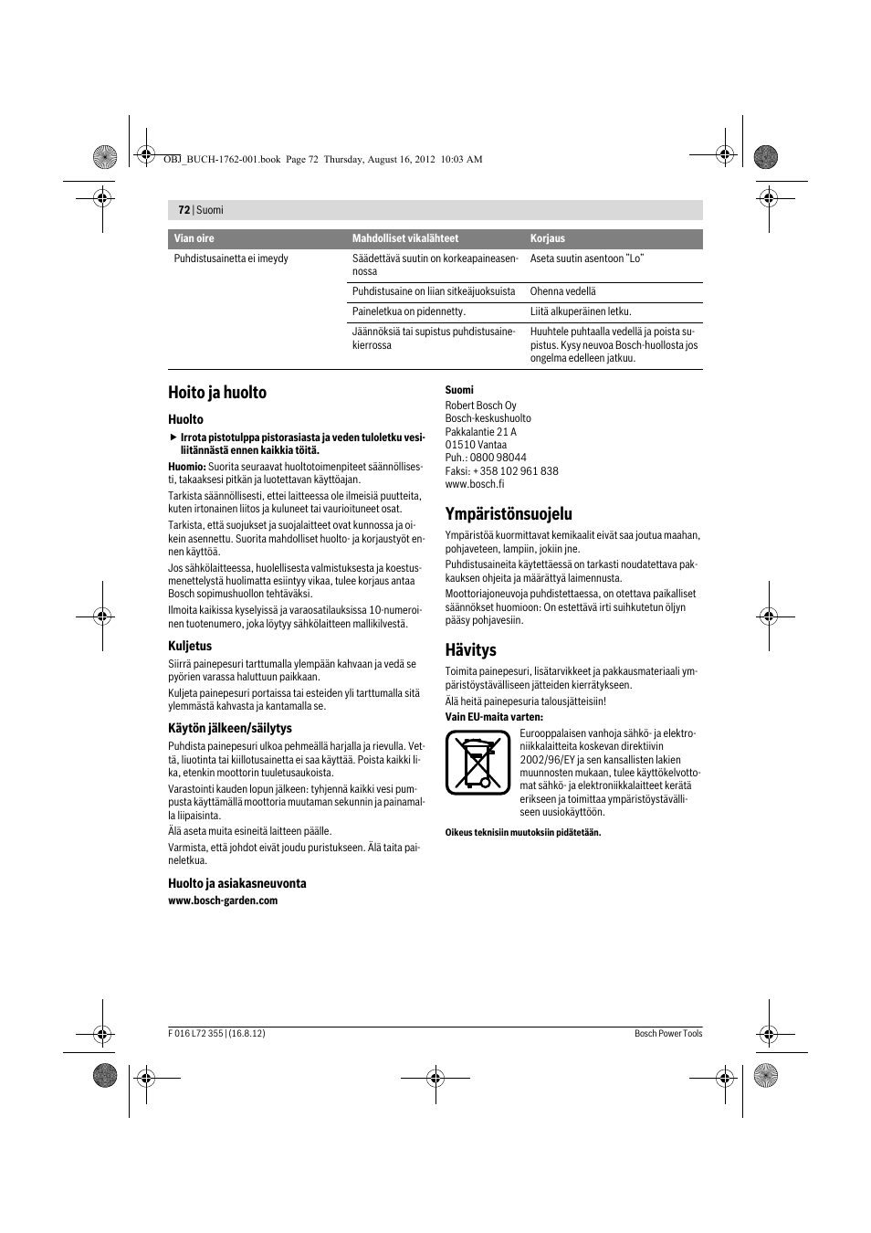Hoito ja huolto, Ympäristönsuojelu, Hävitys | Bosch GHP 5-14 User Manual | Page 72 / 198