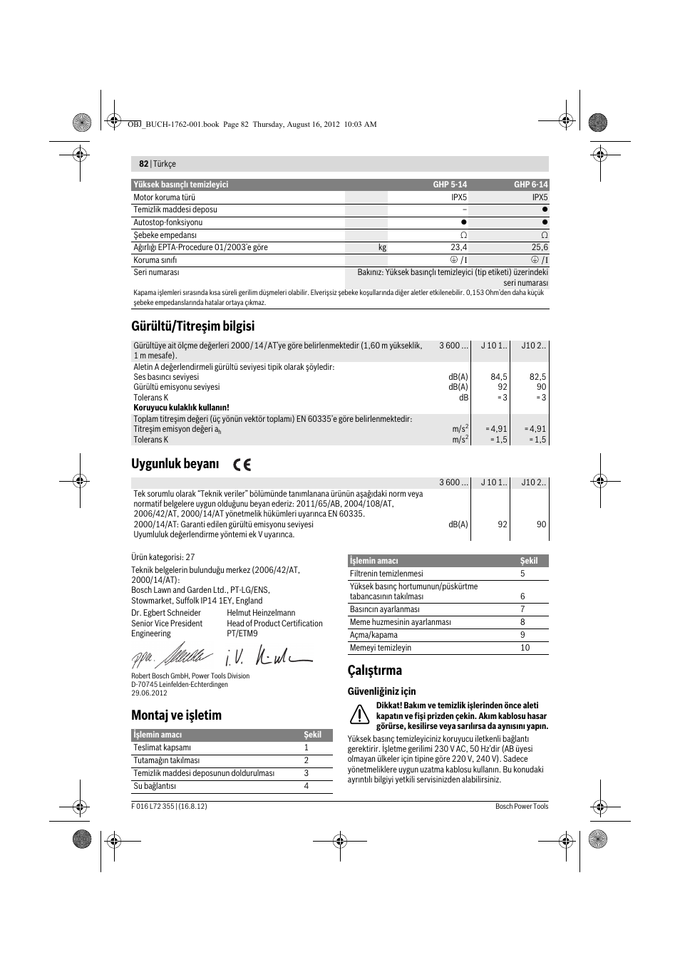 Gürültü/titreşim bilgisi uygunluk beyan, Montaj ve işletim çal şt rma | Bosch GHP 5-14 User Manual | Page 82 / 198