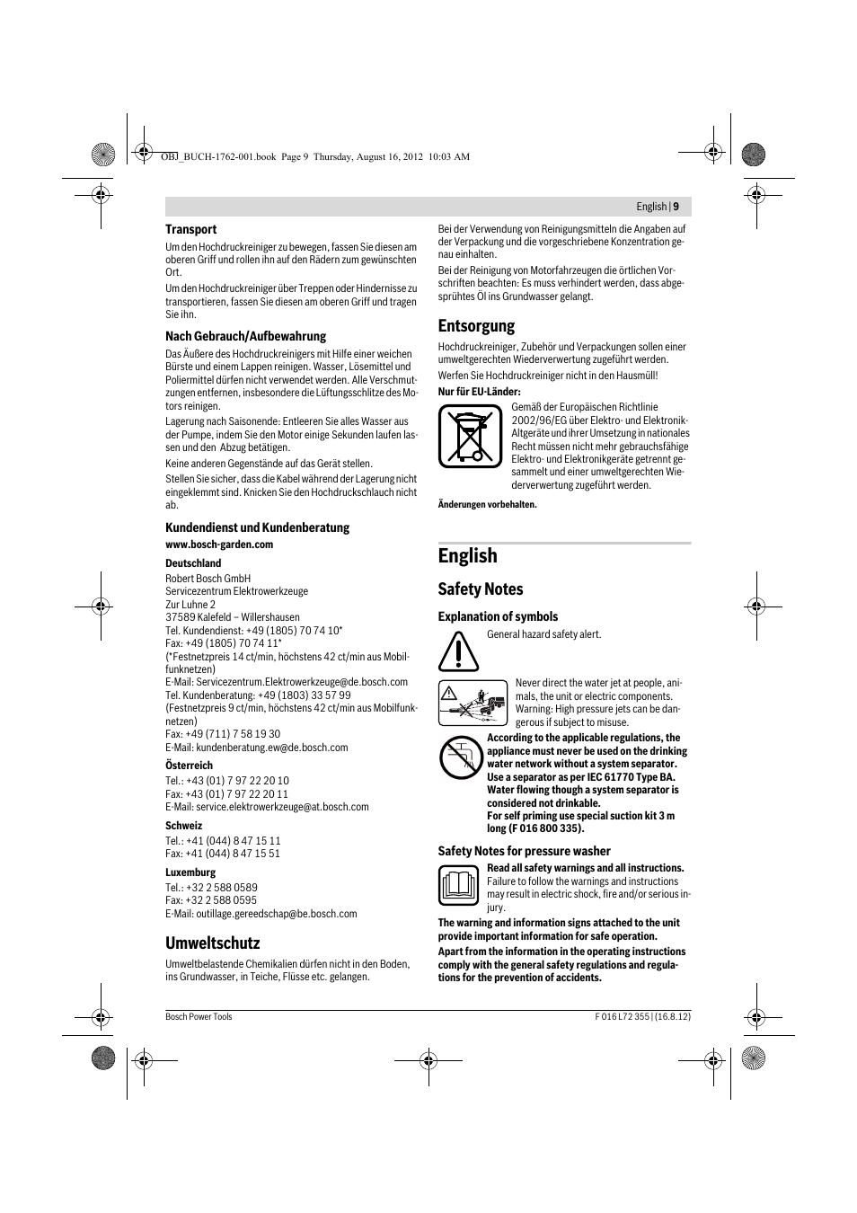English, Umweltschutz, Entsorgung | Bosch GHP 5-14 User Manual | Page 9 / 198