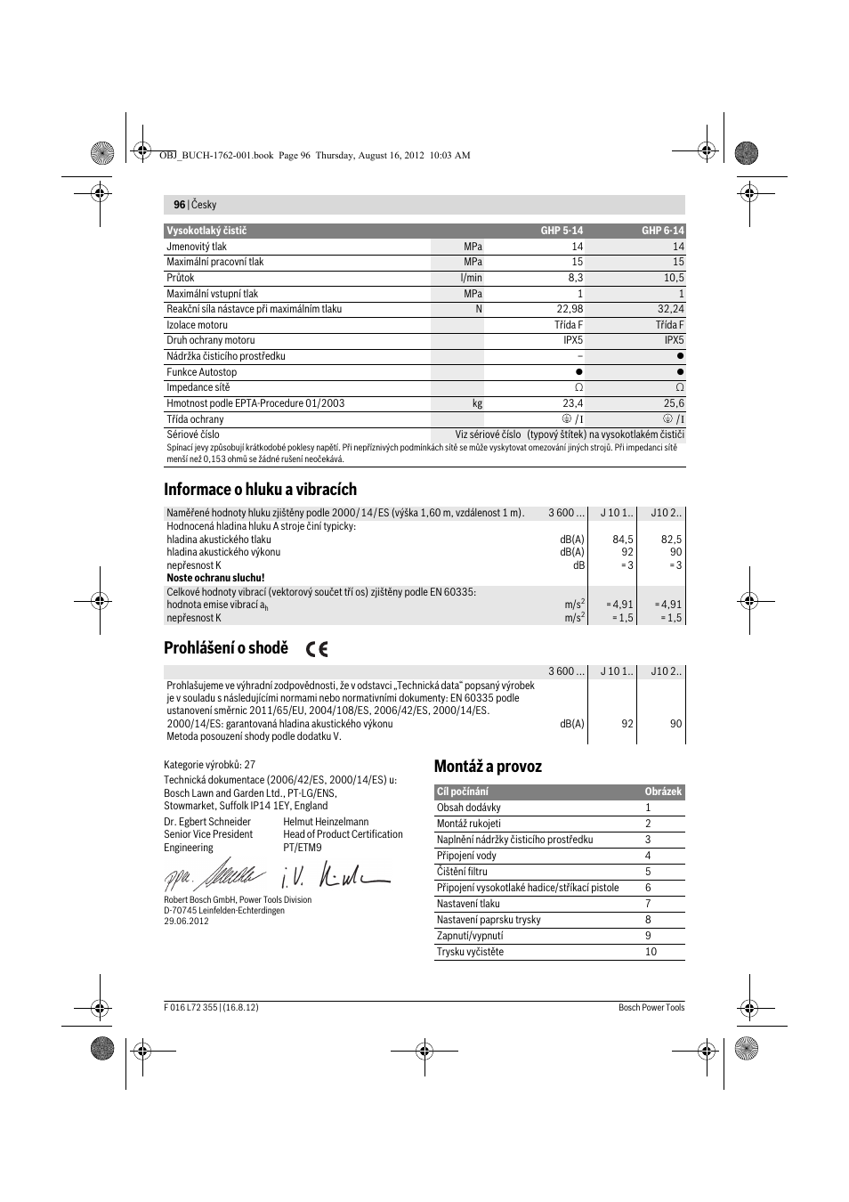 Informace o hluku a vibracích prohlášení o shodě, Montáž a provoz | Bosch GHP 5-14 User Manual | Page 96 / 198