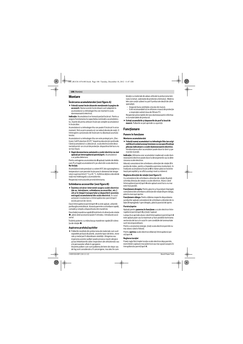 Montare, Funcţionare | Bosch GWB 10,8-LI Professional User Manual | Page 106 / 153