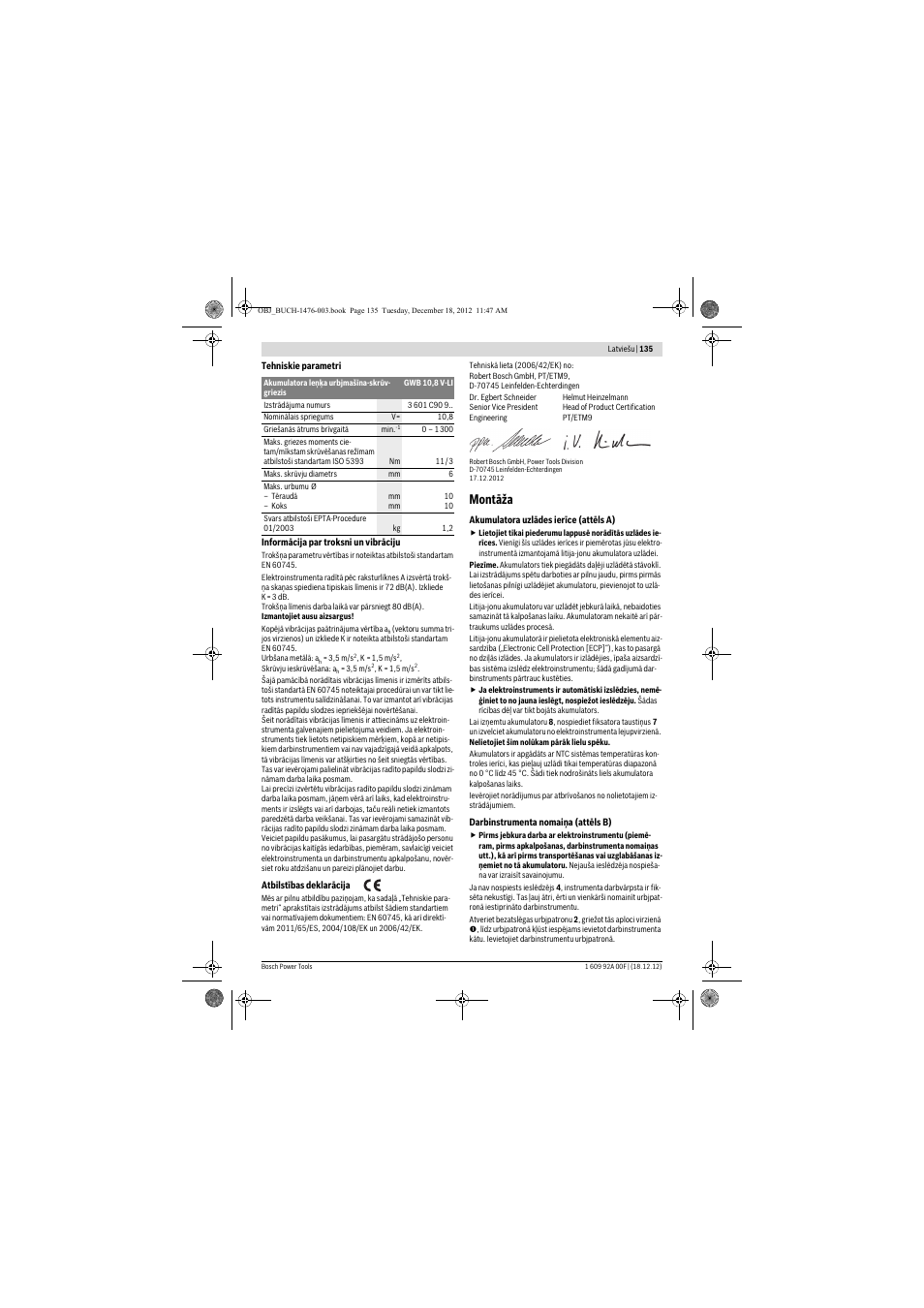 Montāža | Bosch GWB 10,8-LI Professional User Manual | Page 135 / 153