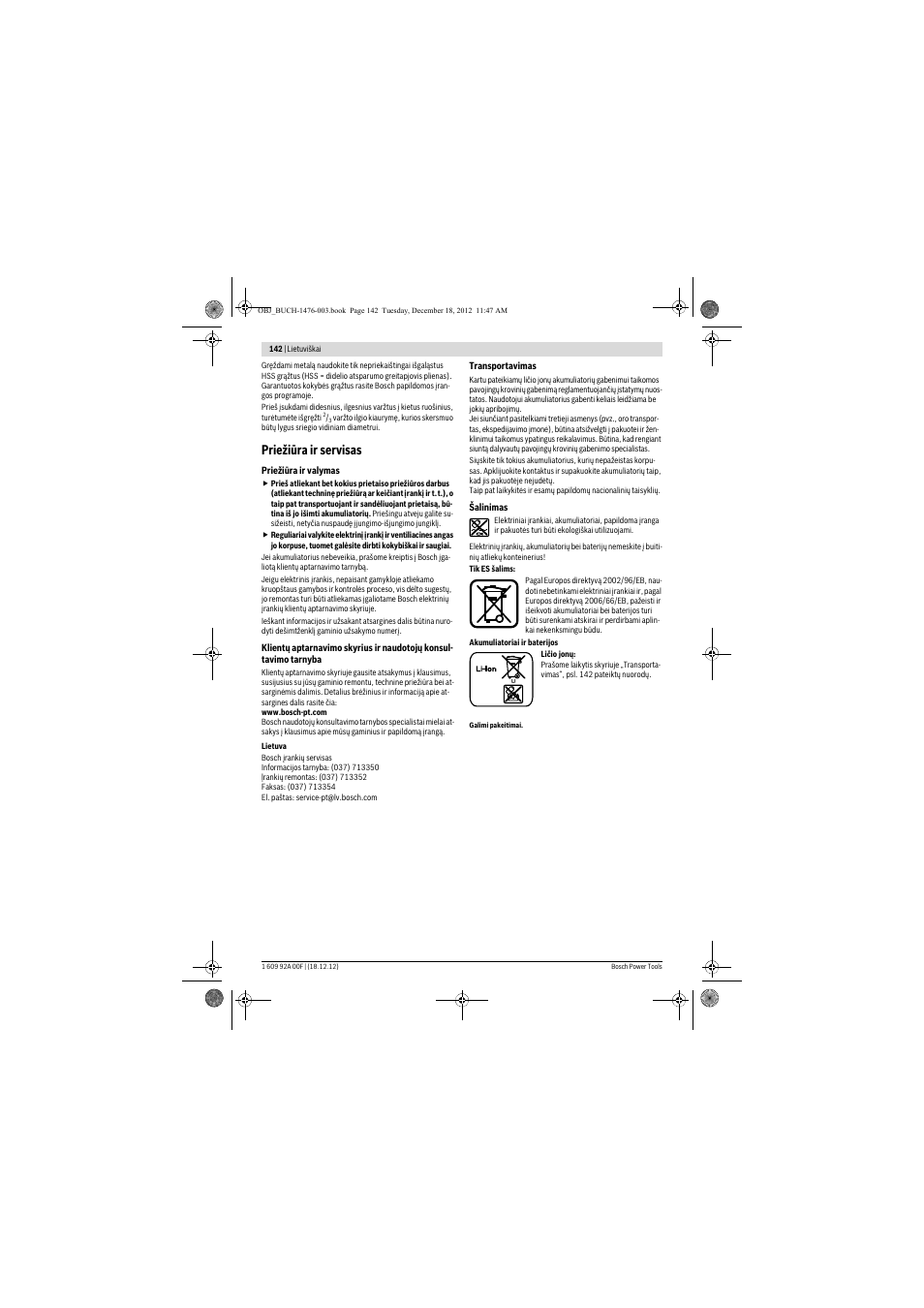 Priežiūra ir servisas | Bosch GWB 10,8-LI Professional User Manual | Page 142 / 153