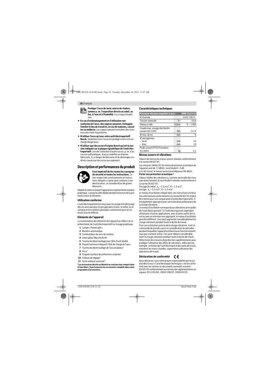 Description et performances du produit | Bosch GWB 10,8-LI Professional User Manual | Page 18 / 153