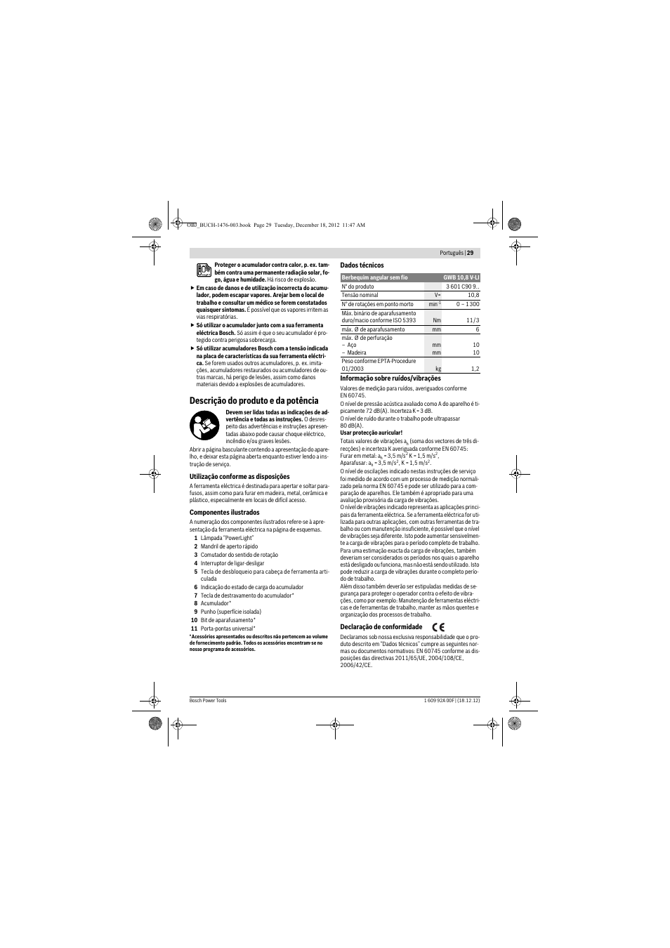 Descrição do produto e da potência | Bosch GWB 10,8-LI Professional User Manual | Page 29 / 153