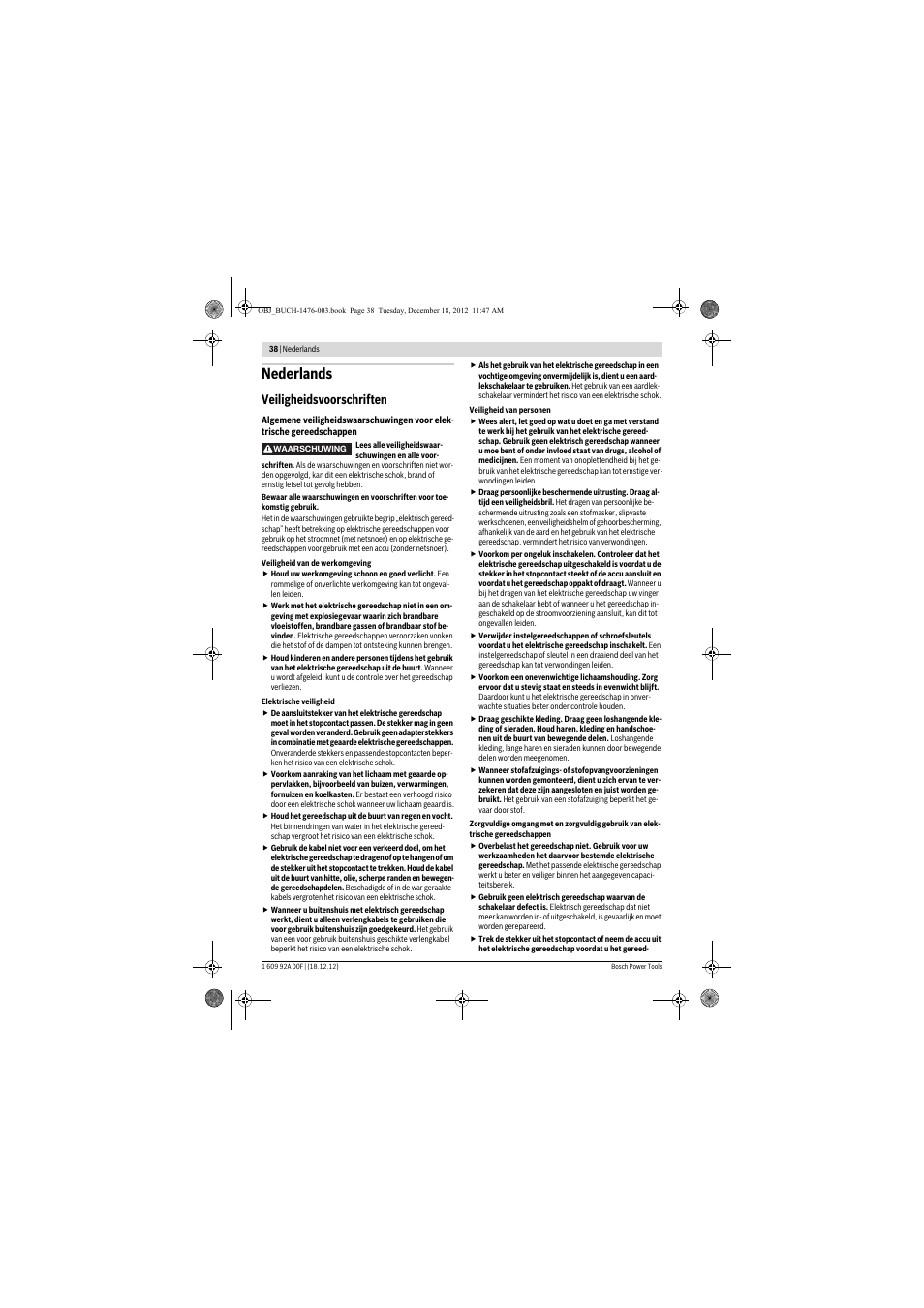 Nederlands, Veiligheidsvoorschriften | Bosch GWB 10,8-LI Professional User Manual | Page 38 / 153