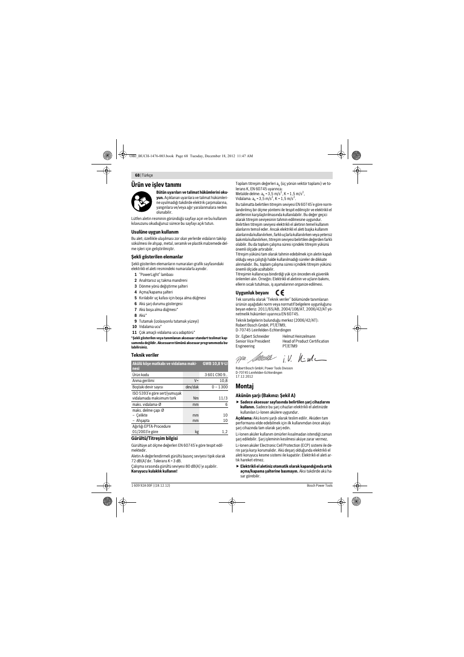 Ürün ve işlev tanımı, Montaj | Bosch GWB 10,8-LI Professional User Manual | Page 68 / 153