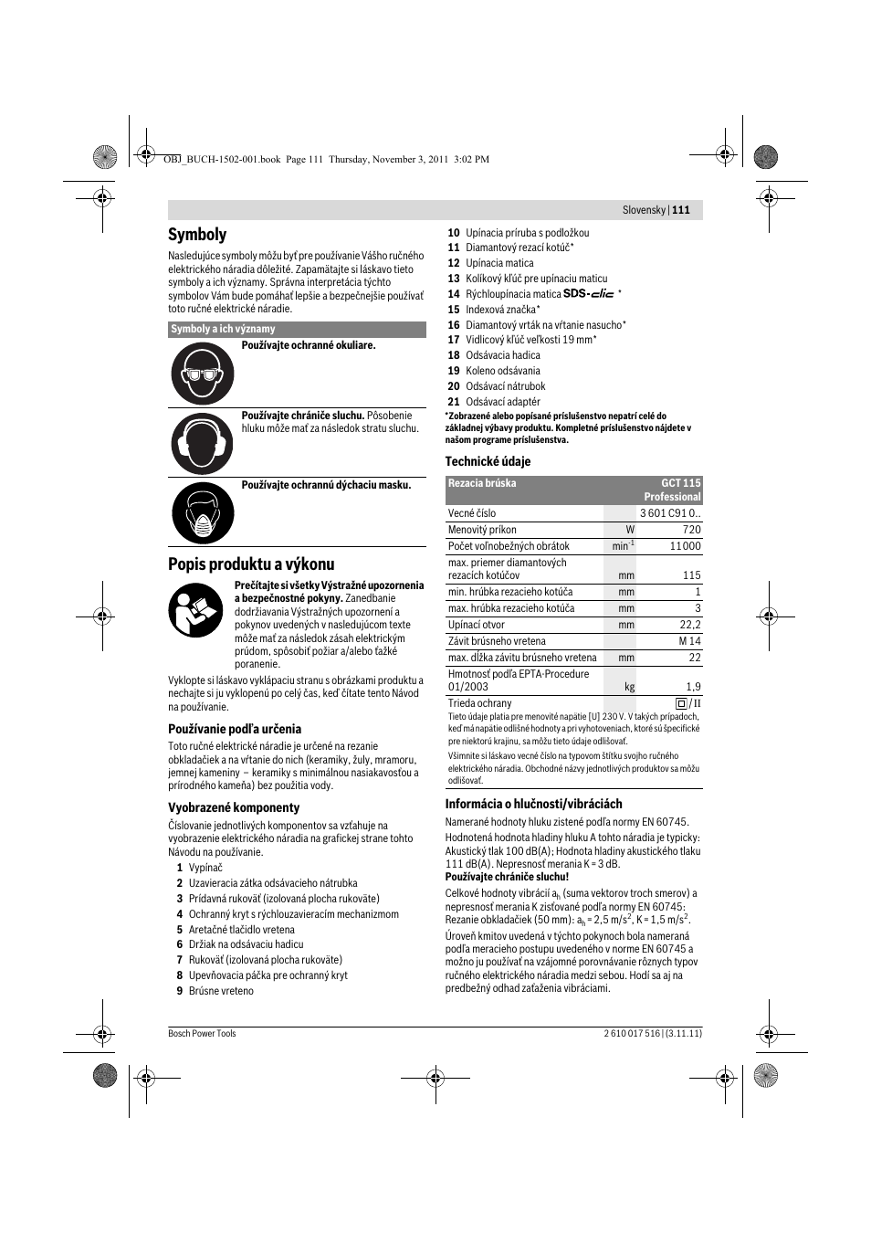 Symboly, Popis produktu a výkonu | Bosch GCT 115 Professional User Manual | Page 111 / 205