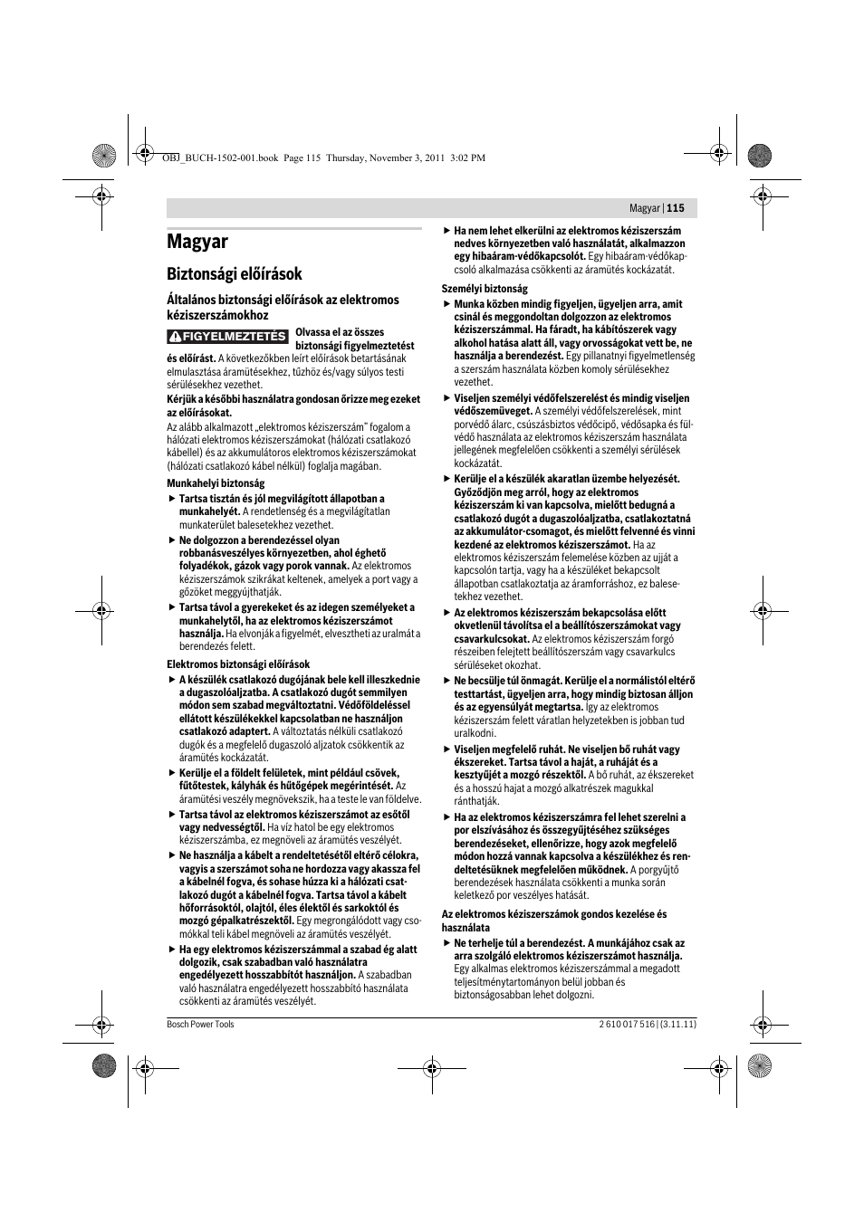 Magyar, Biztonsági előírások | Bosch GCT 115 Professional User Manual | Page 115 / 205
