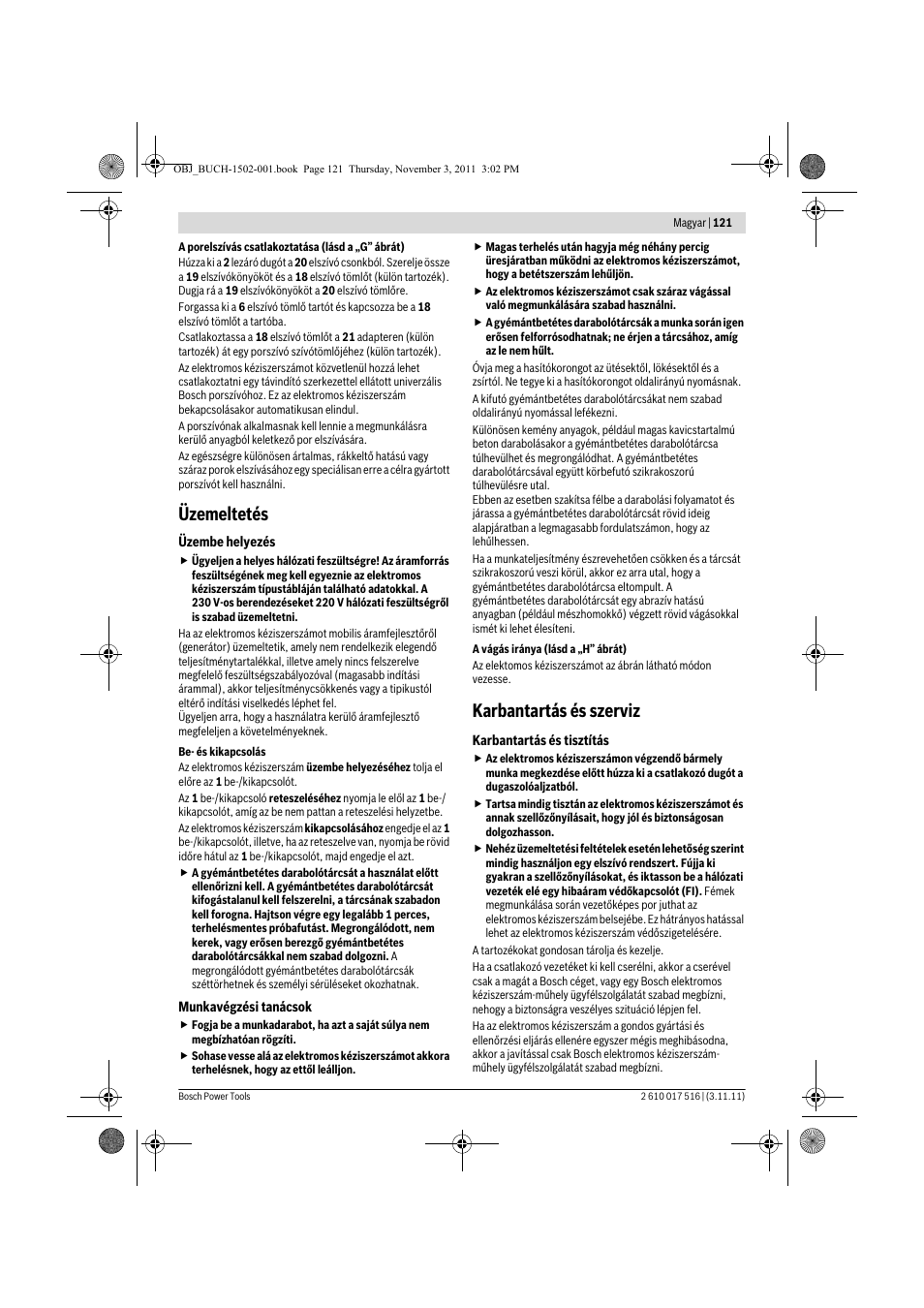 Üzemeltetés, Karbantartás és szerviz | Bosch GCT 115 Professional User Manual | Page 121 / 205