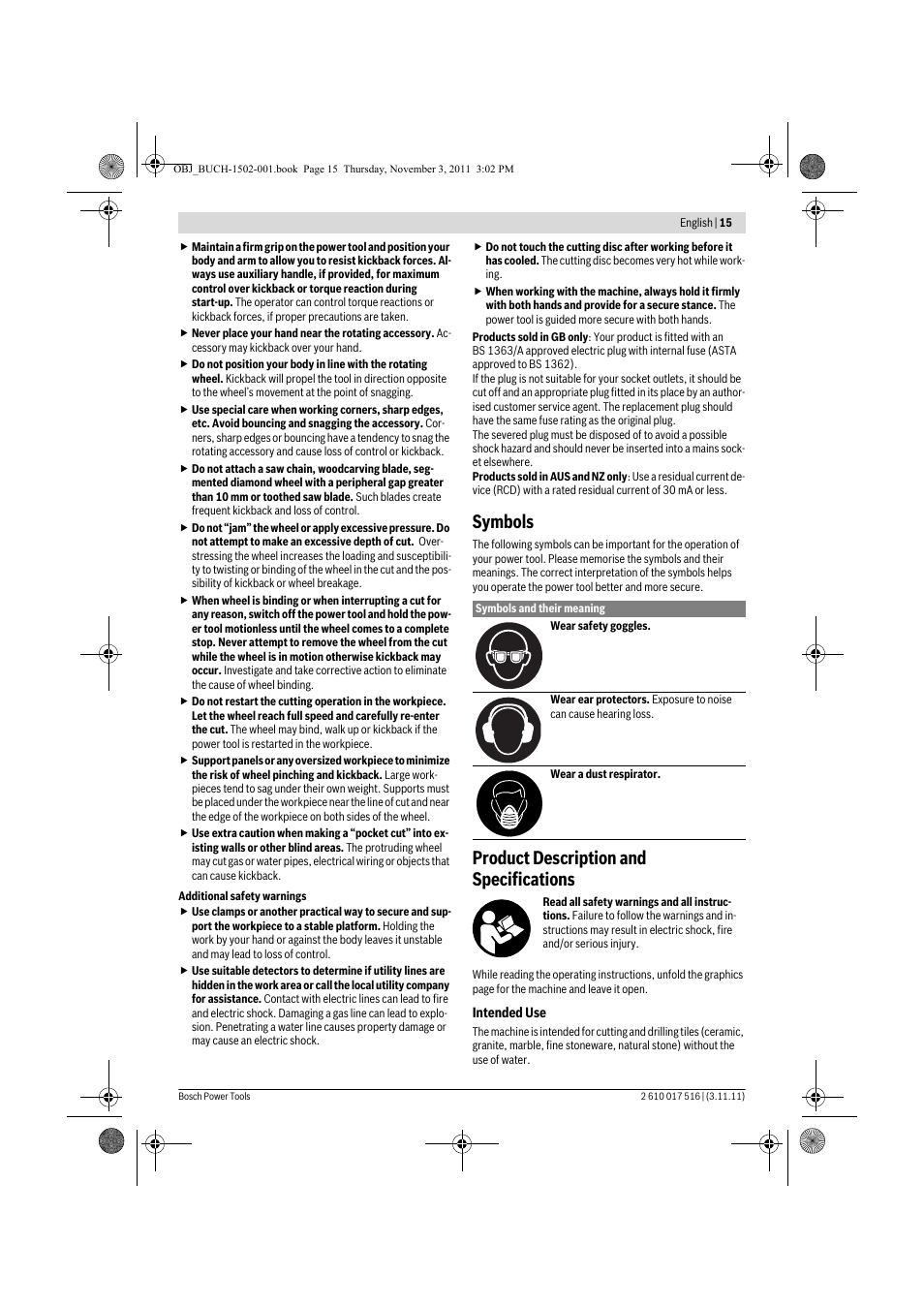 Symbols, Product description and specifications | Bosch GCT 115 Professional User Manual | Page 15 / 205