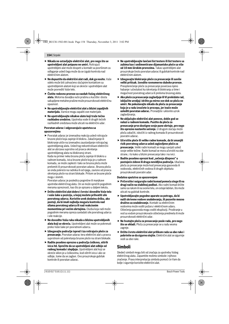 Simboli | Bosch GCT 115 Professional User Manual | Page 154 / 205