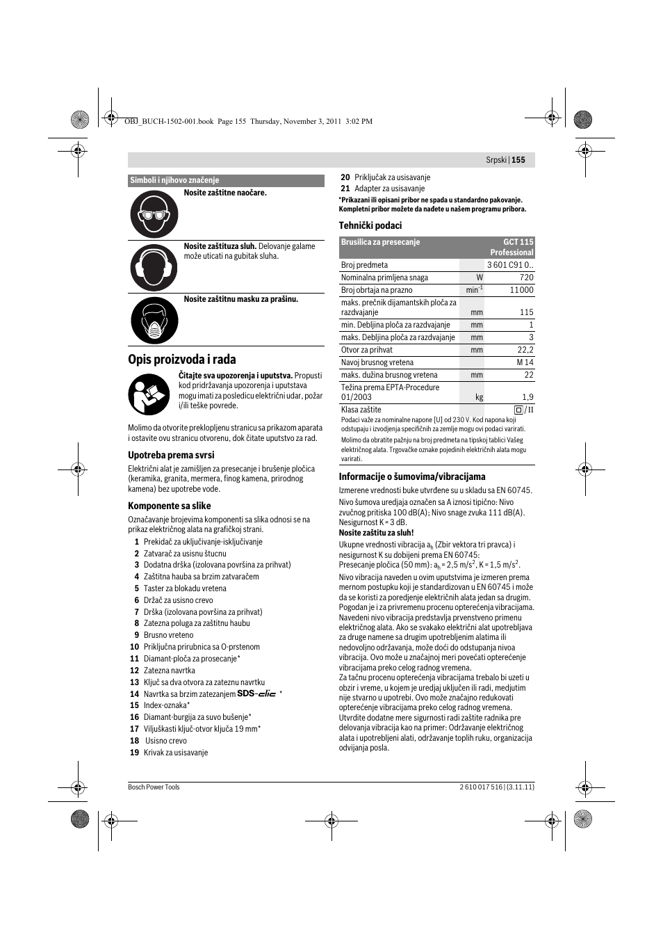 Opis proizvoda i rada | Bosch GCT 115 Professional User Manual | Page 155 / 205