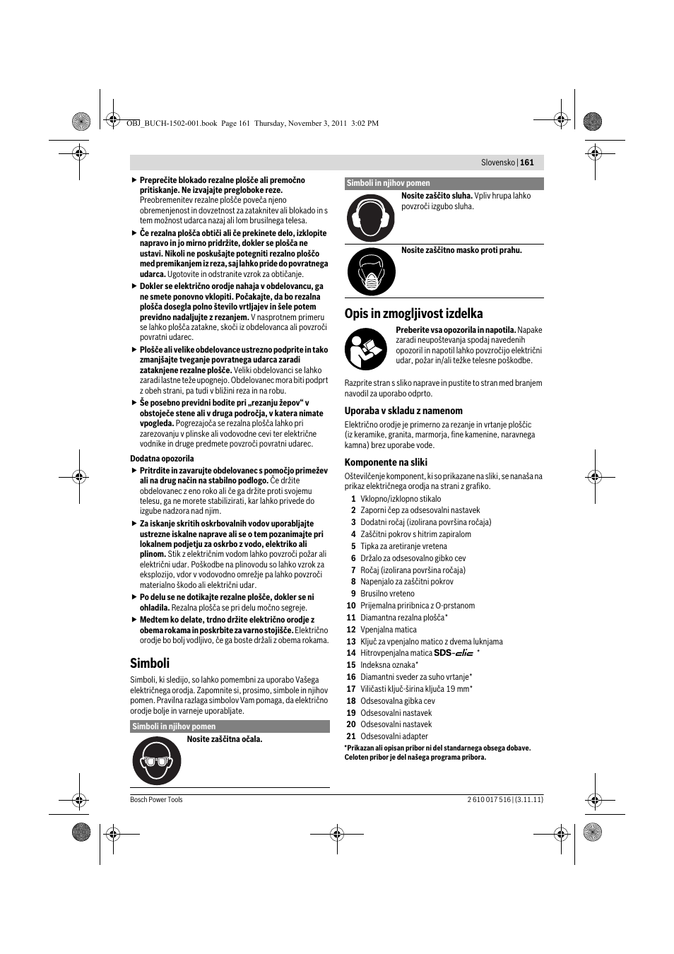 Simboli, Opis in zmogljivost izdelka | Bosch GCT 115 Professional User Manual | Page 161 / 205