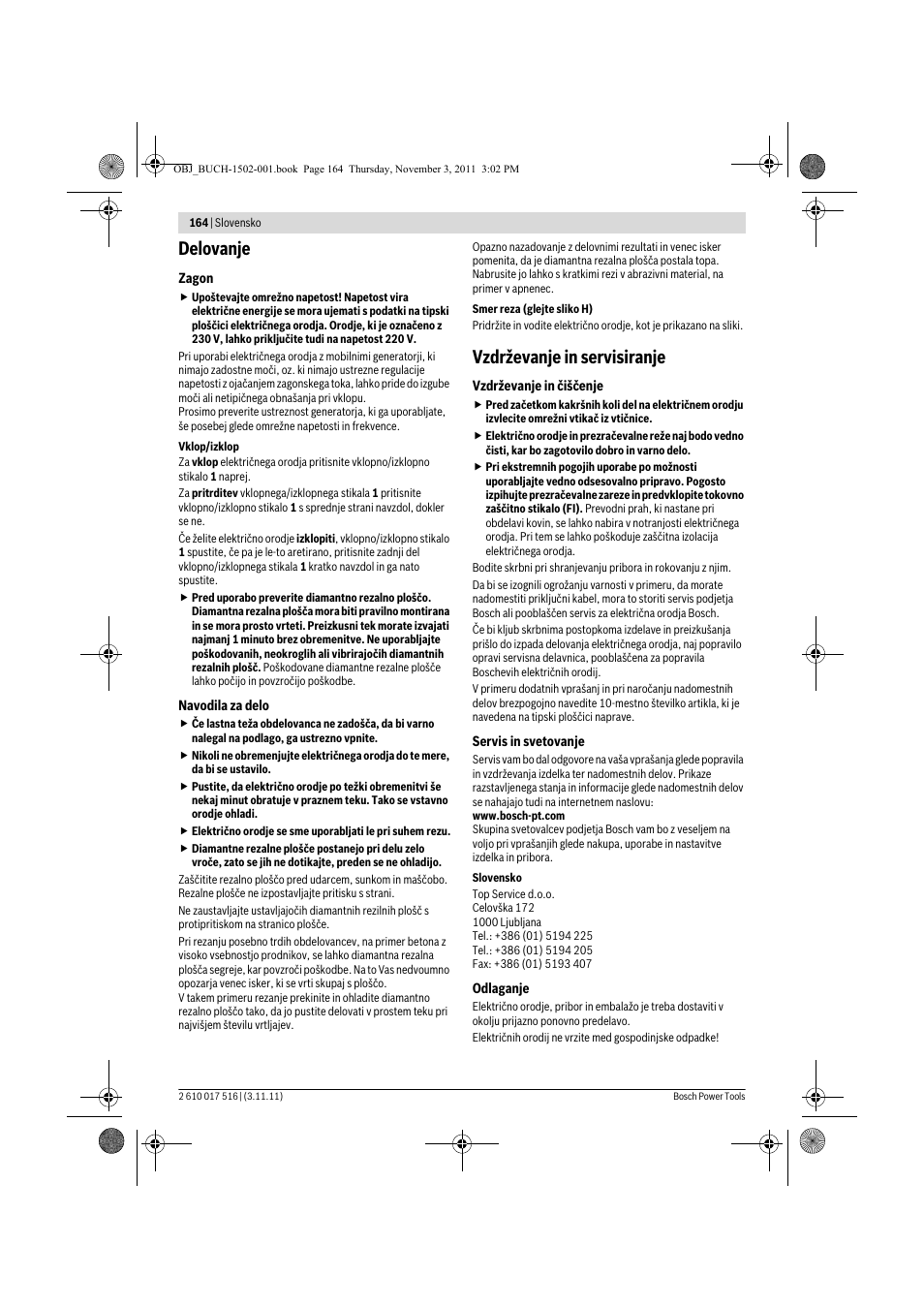 Delovanje, Vzdrževanje in servisiranje | Bosch GCT 115 Professional User Manual | Page 164 / 205