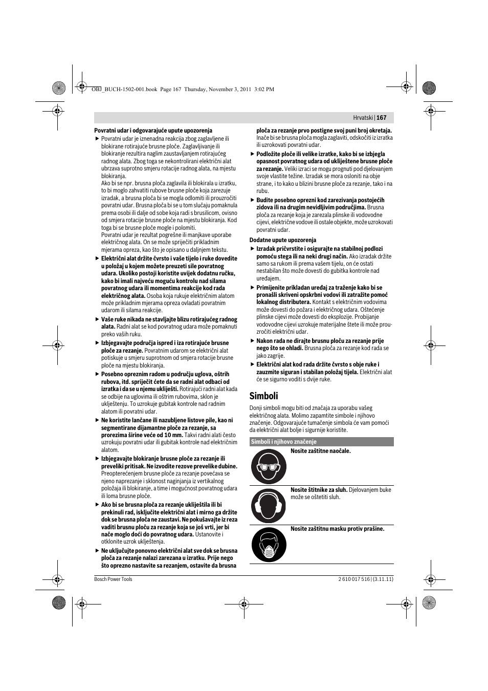 Simboli | Bosch GCT 115 Professional User Manual | Page 167 / 205