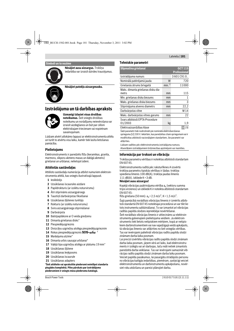 Izstrādājuma un tā darbības apraksts | Bosch GCT 115 Professional User Manual | Page 181 / 205