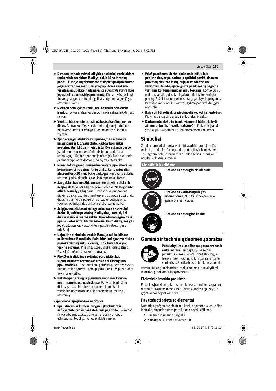 Simboliai, Gaminio ir techninių duomenų aprašas | Bosch GCT 115 Professional User Manual | Page 187 / 205