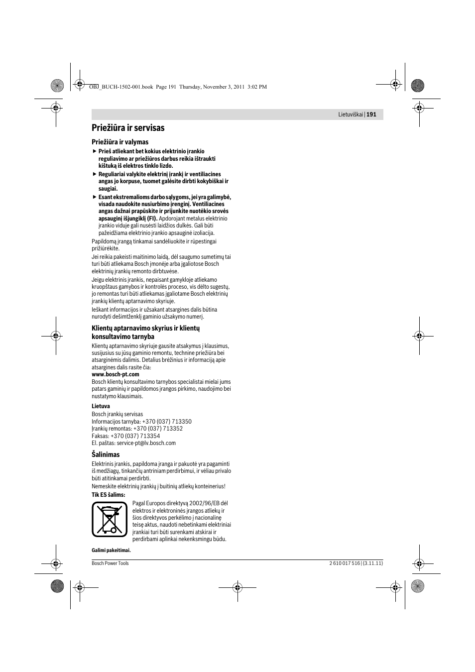 Priežiūra ir servisas | Bosch GCT 115 Professional User Manual | Page 191 / 205