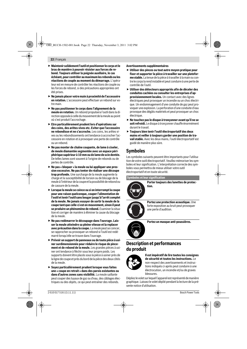 Symboles, Description et performances du produit | Bosch GCT 115 Professional User Manual | Page 22 / 205