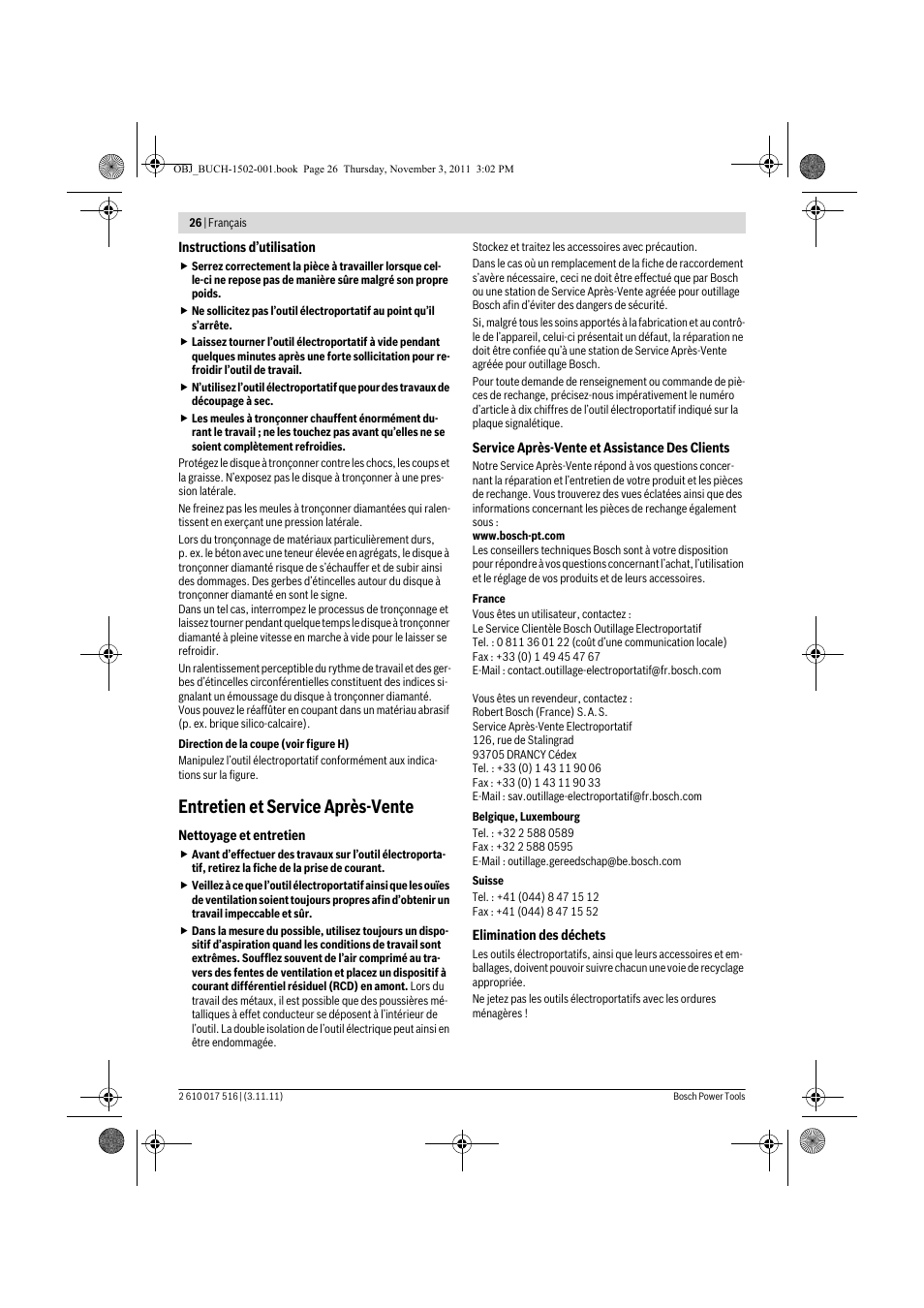 Entretien et service après-vente | Bosch GCT 115 Professional User Manual | Page 26 / 205