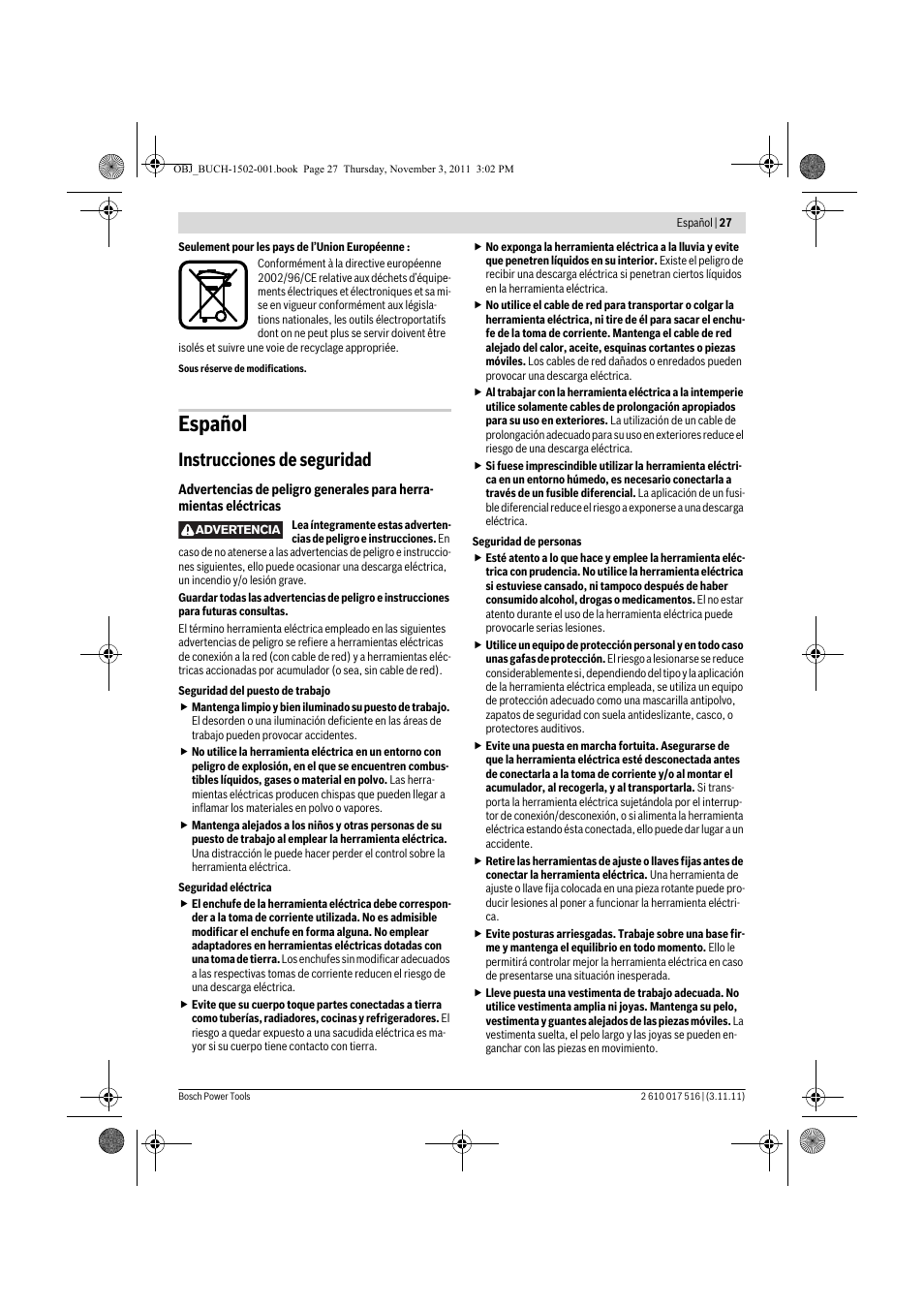Español, Instrucciones de seguridad | Bosch GCT 115 Professional User Manual | Page 27 / 205