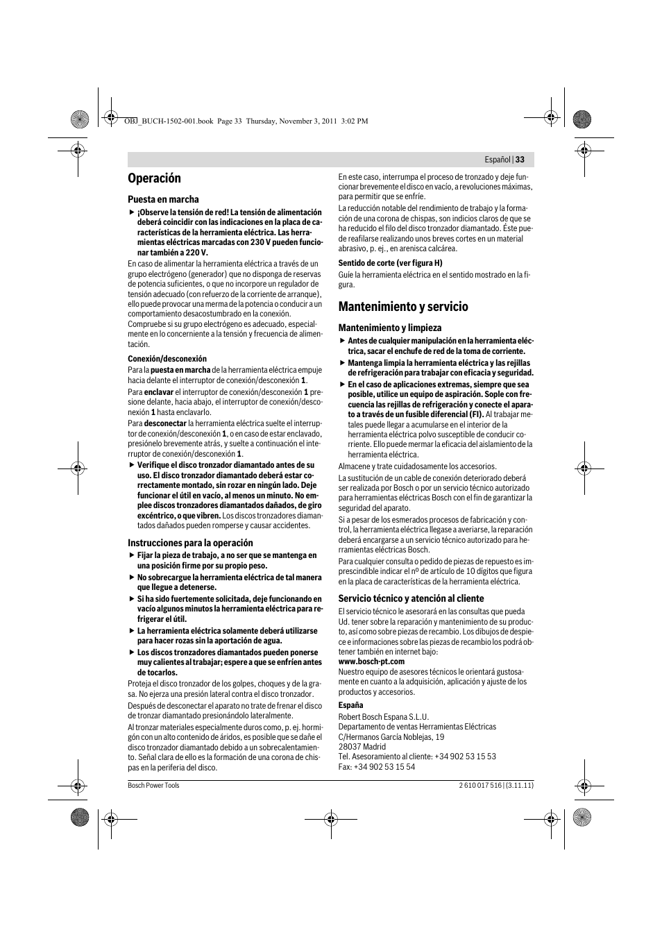 Operación, Mantenimiento y servicio | Bosch GCT 115 Professional User Manual | Page 33 / 205