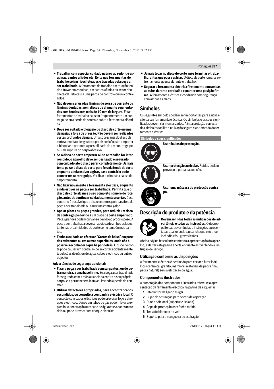 Símbolos, Descrição do produto e da potência | Bosch GCT 115 Professional User Manual | Page 37 / 205
