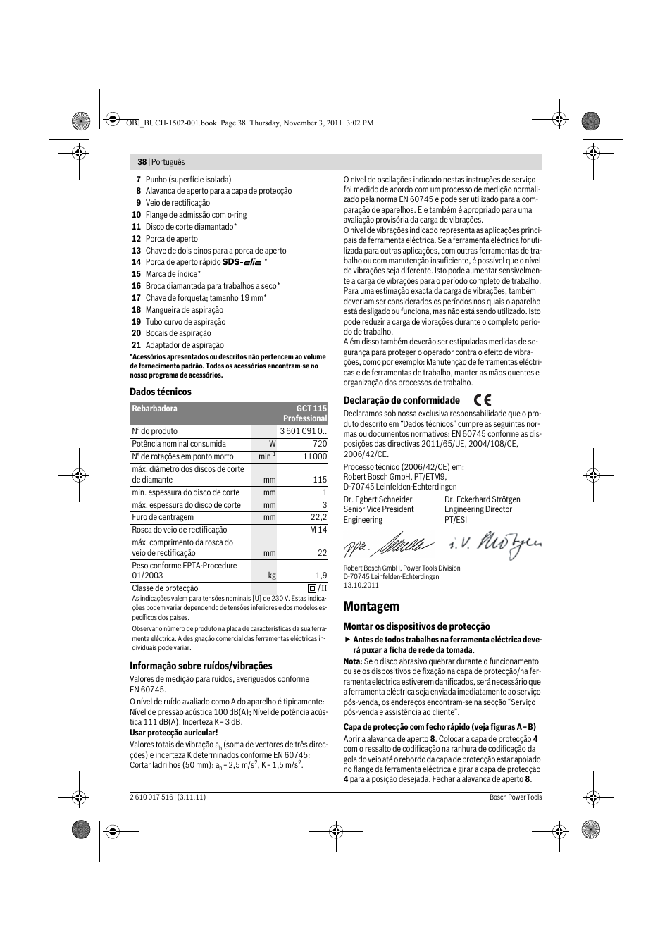 Montagem | Bosch GCT 115 Professional User Manual | Page 38 / 205