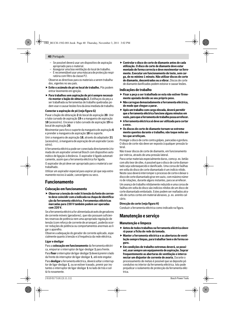 Funcionamento, Manutenção e serviço | Bosch GCT 115 Professional User Manual | Page 40 / 205
