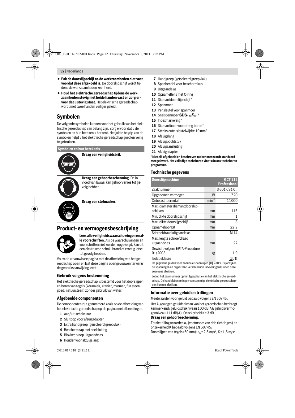 Symbolen, Product- en vermogensbeschrijving | Bosch GCT 115 Professional User Manual | Page 52 / 205