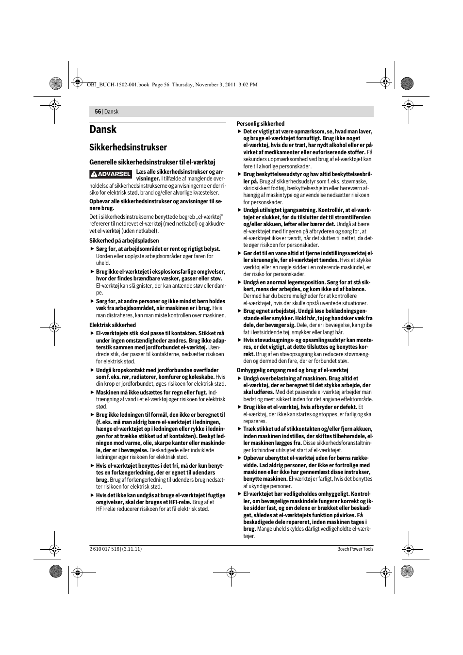 Dansk, Sikkerhedsinstrukser | Bosch GCT 115 Professional User Manual | Page 56 / 205