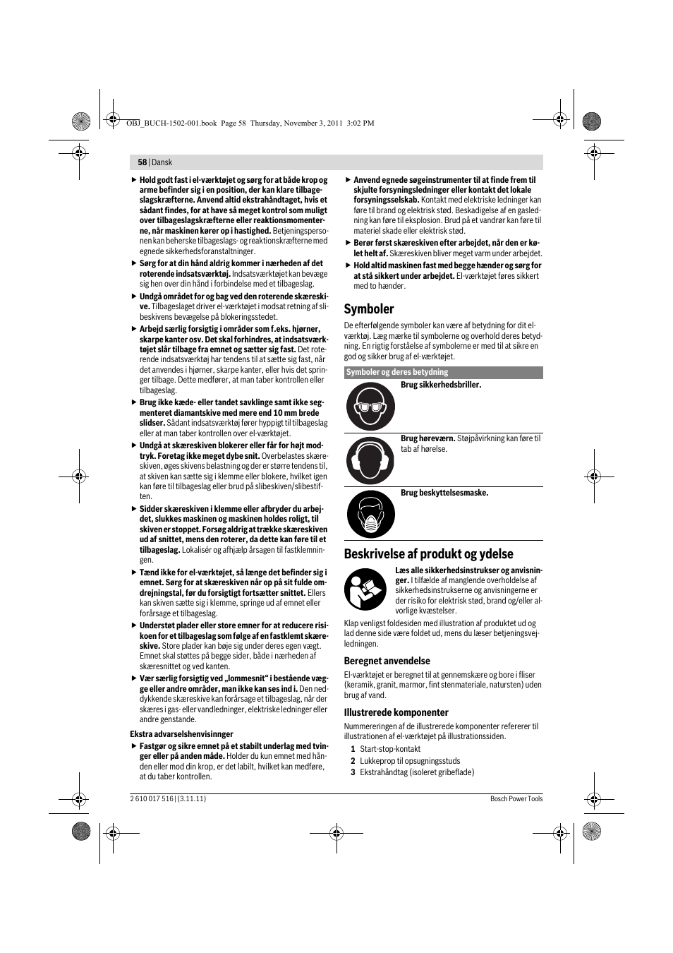 Symboler, Beskrivelse af produkt og ydelse | Bosch GCT 115 Professional User Manual | Page 58 / 205