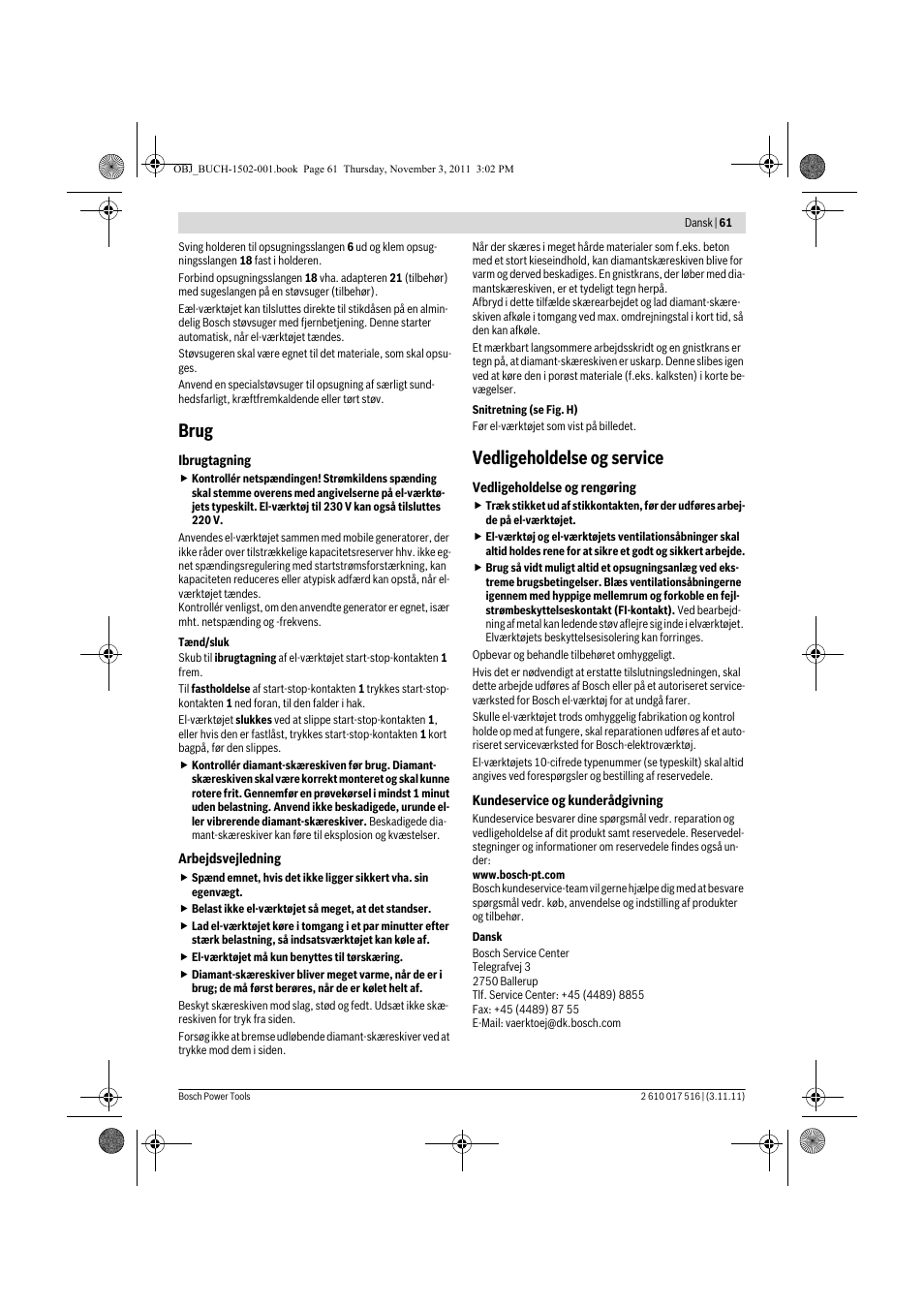 Brug, Vedligeholdelse og service | Bosch GCT 115 Professional User Manual | Page 61 / 205