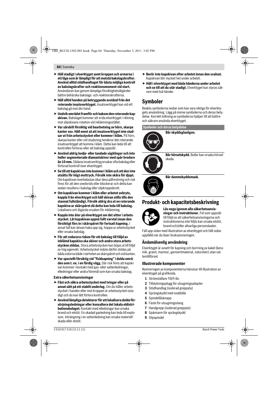 Symboler, Produkt- och kapacitetsbeskrivning | Bosch GCT 115 Professional User Manual | Page 64 / 205