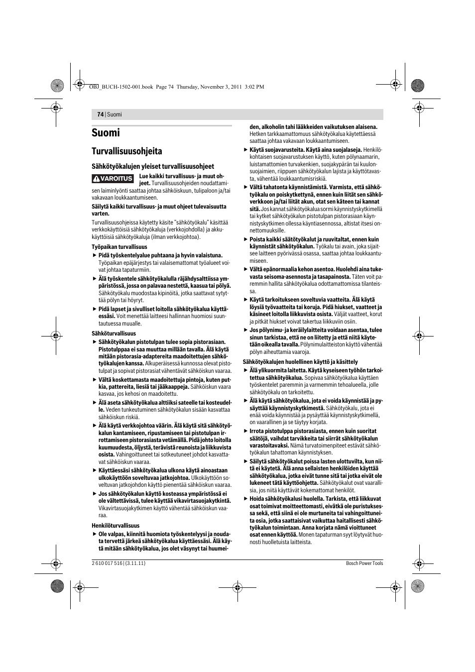 Suomi, Turvallisuusohjeita | Bosch GCT 115 Professional User Manual | Page 74 / 205