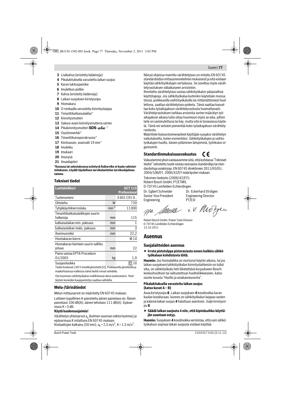 Asennus | Bosch GCT 115 Professional User Manual | Page 77 / 205
