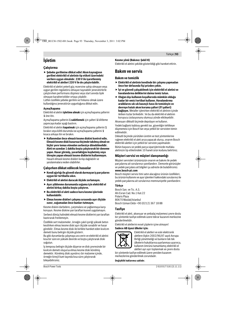 Işletim, Bak m ve servis | Bosch GCT 115 Professional User Manual | Page 93 / 205