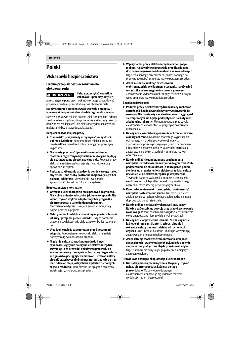 Polski, Wskazówki bezpieczeństwa | Bosch GCT 115 Professional User Manual | Page 94 / 205