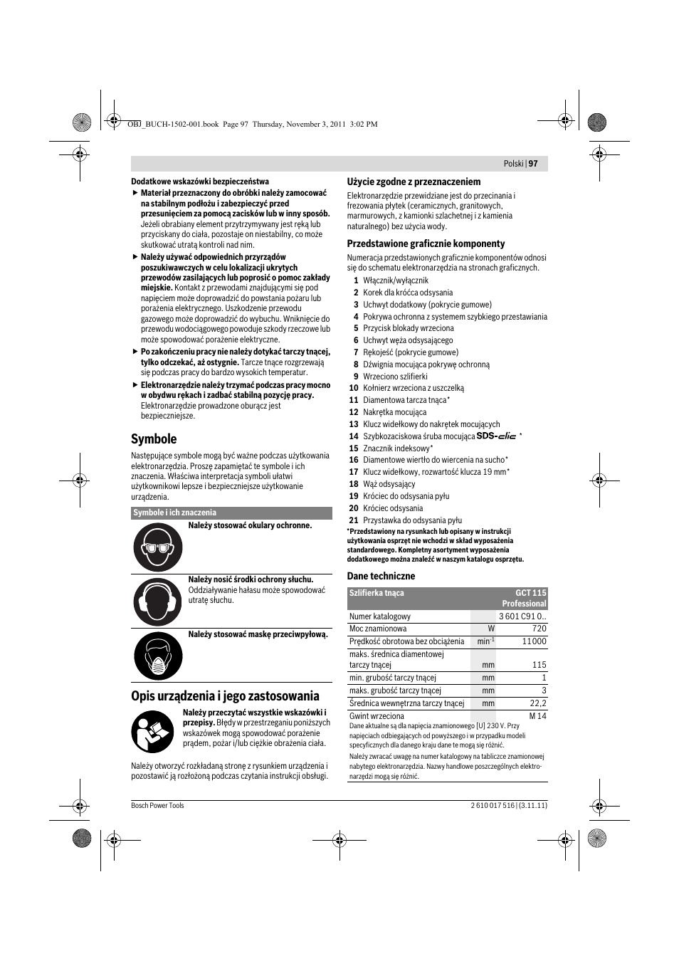 Symbole, Opis urządzenia i jego zastosowania | Bosch GCT 115 Professional User Manual | Page 97 / 205