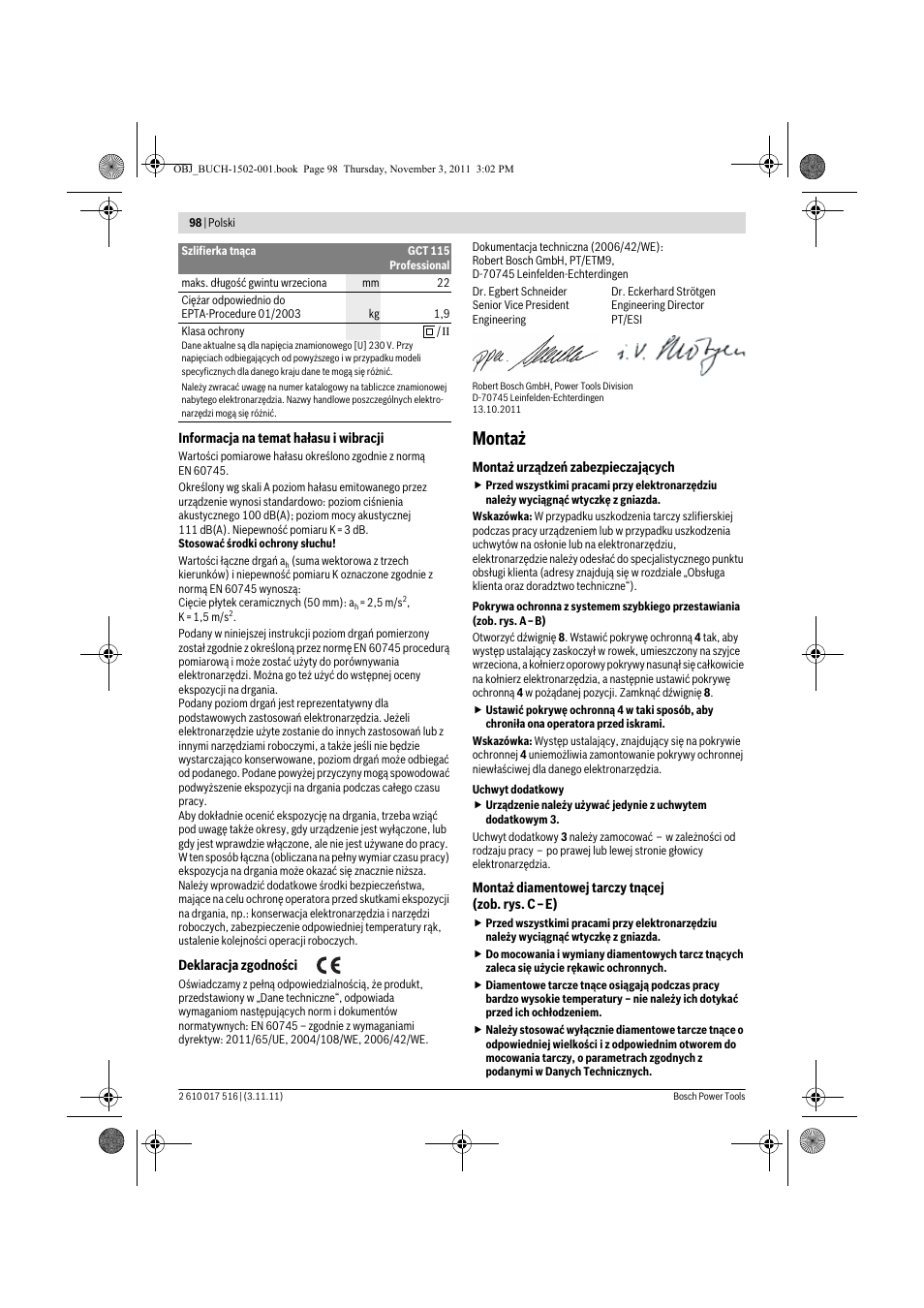 Montaż | Bosch GCT 115 Professional User Manual | Page 98 / 205