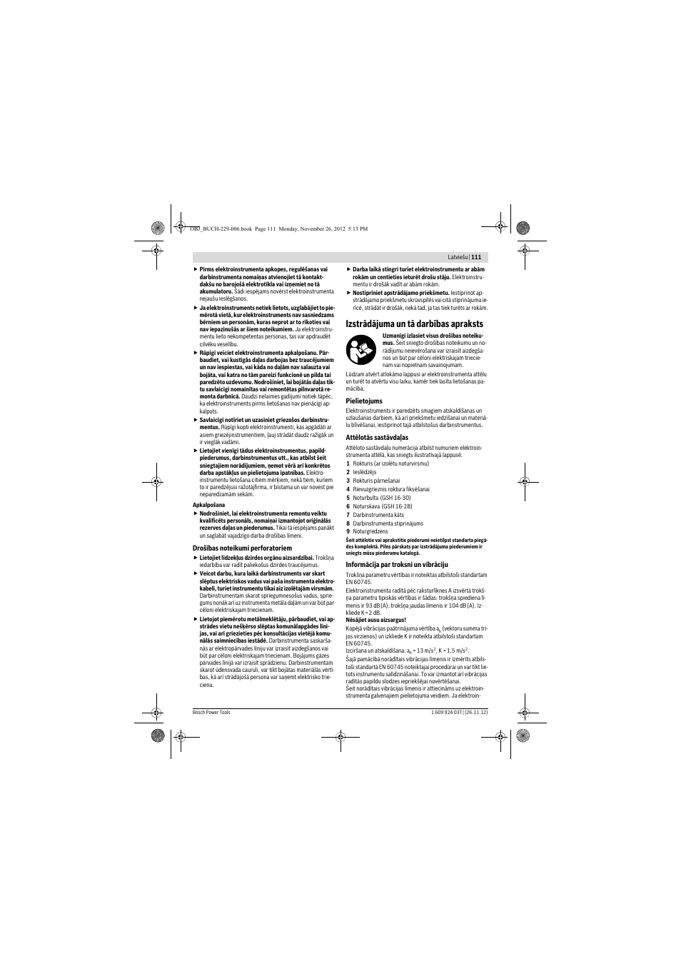 Izstrādājuma un tā darbības apraksts | Bosch GSH Professional 16-28 User Manual | Page 111 / 130