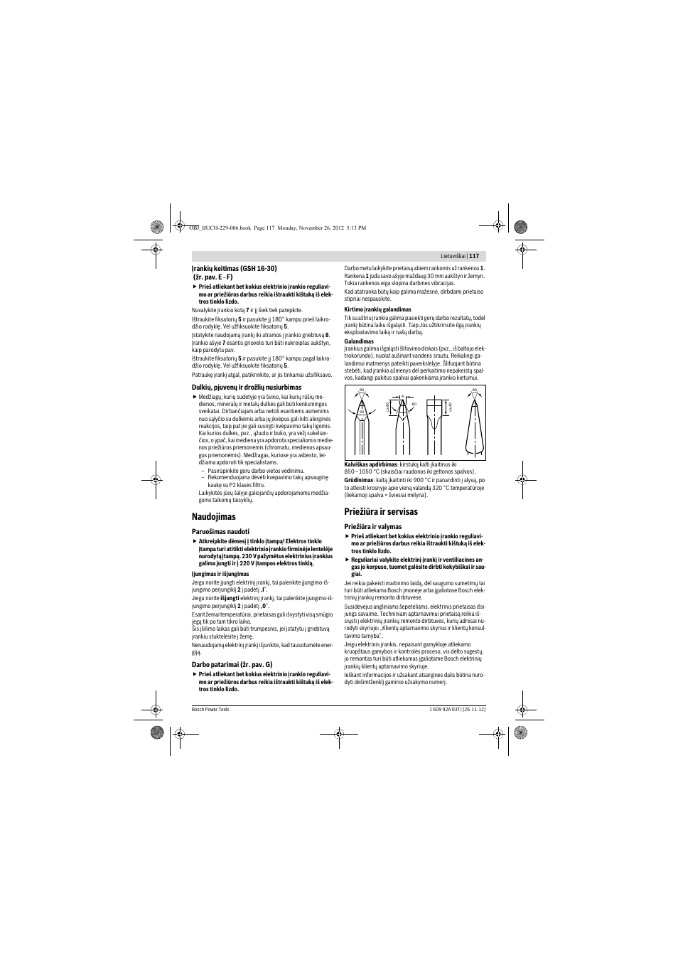 Naudojimas, Priežiūra ir servisas | Bosch GSH Professional 16-28 User Manual | Page 117 / 130
