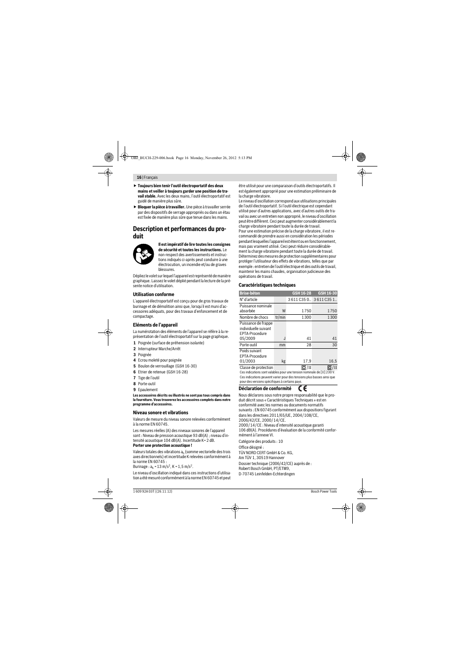 Description et performances du pro- duit | Bosch GSH Professional 16-28 User Manual | Page 16 / 130