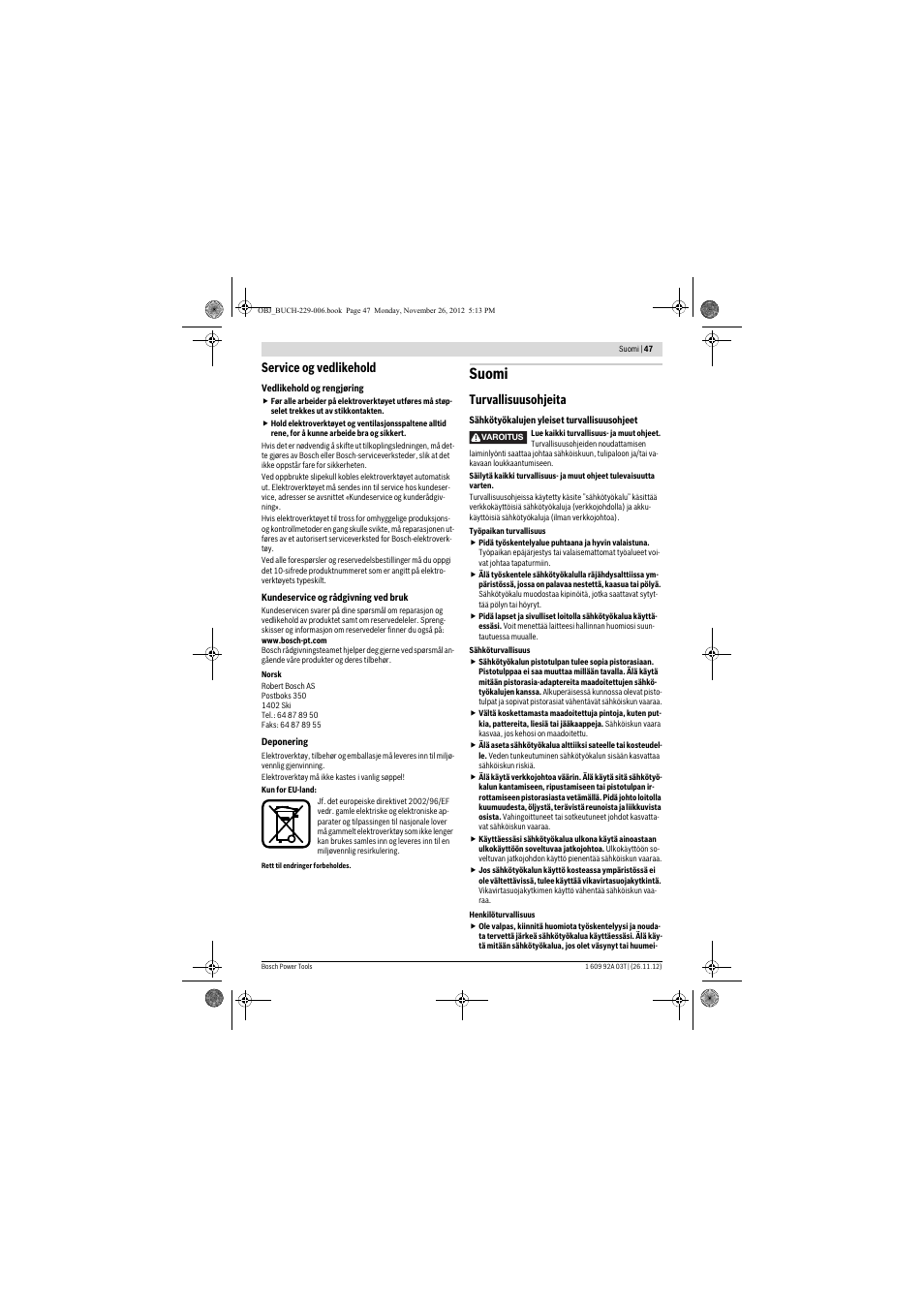 Suomi, Service og vedlikehold, Turvallisuusohjeita | Bosch GSH Professional 16-28 User Manual | Page 47 / 130